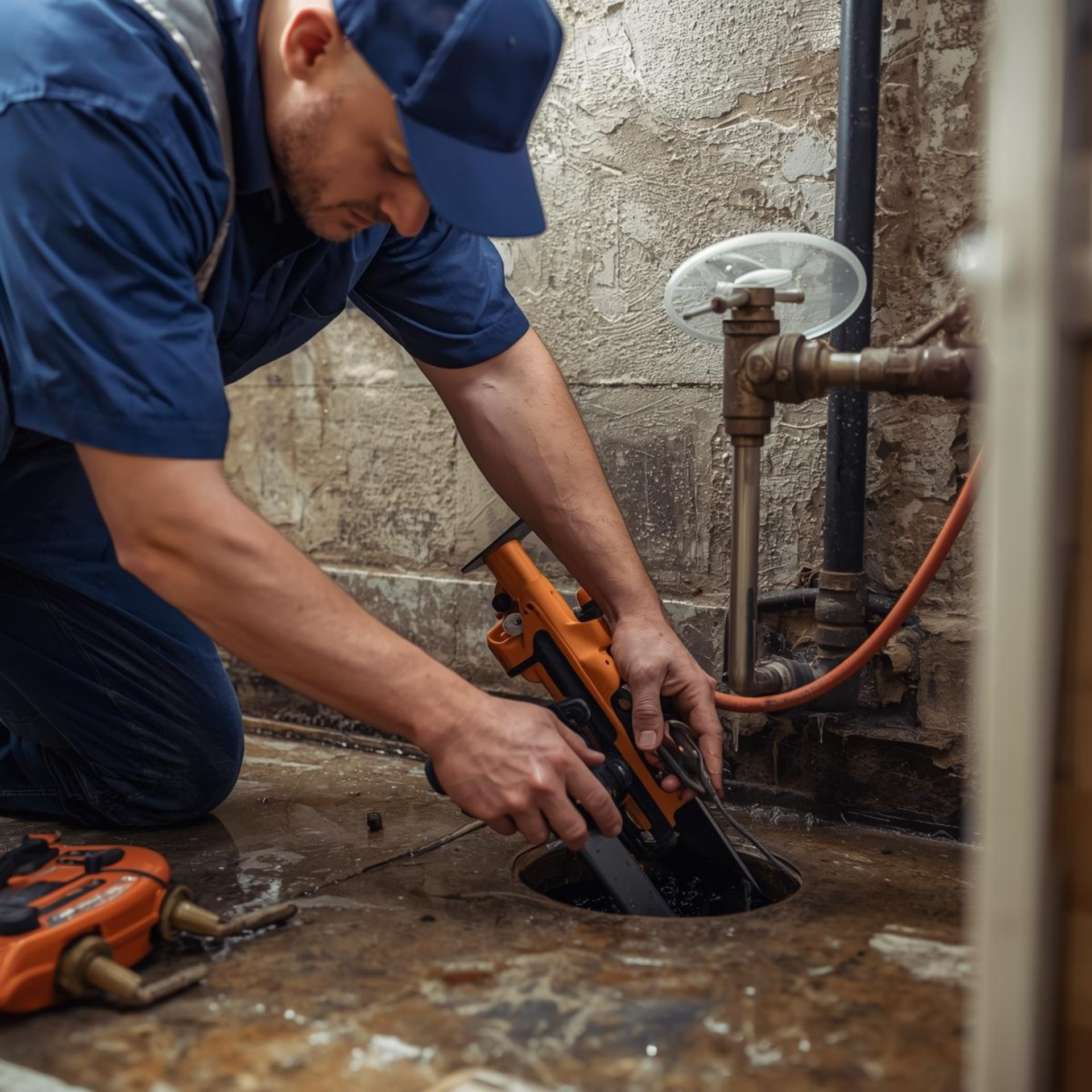 Plumber kneels, using a saw to cut into a floor. An orange pump sits nearby in a basement setting.