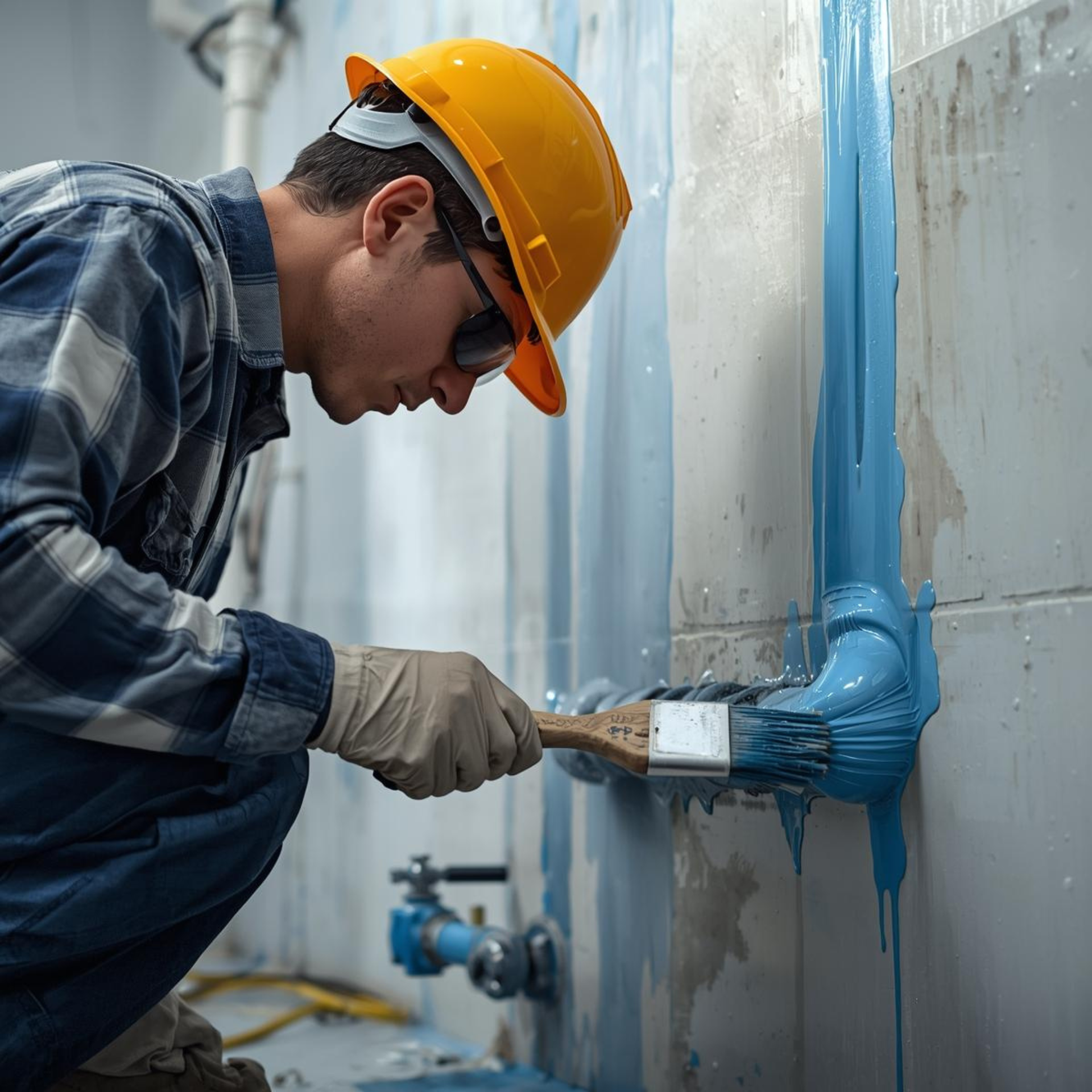Worker painting blue coating on pipes, wearing a hard hat, goggles, and gloves.