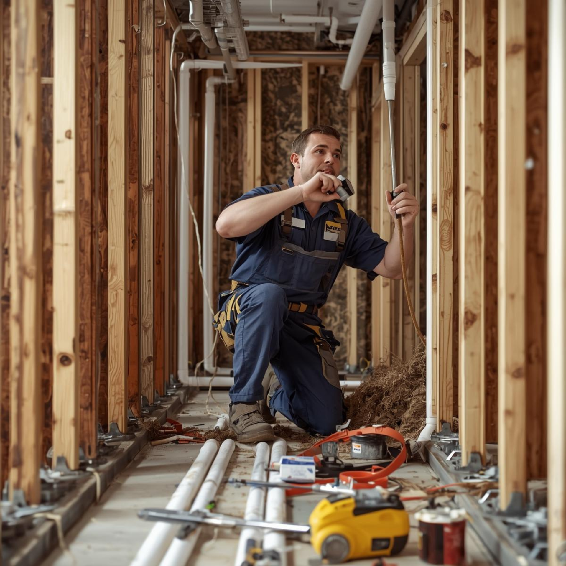 Construction worker kneeling in a framed wall, working on plumbing.