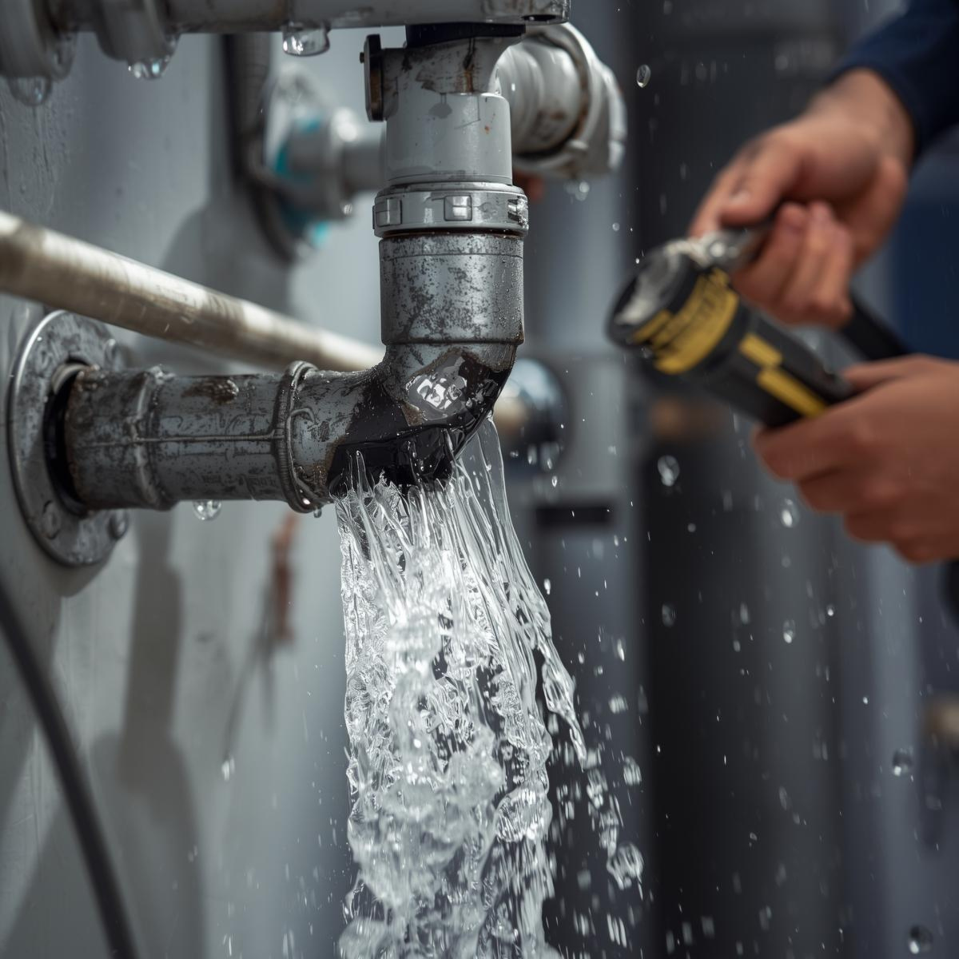 Water gushing from a damaged pipe; a person holding a wrench attempts to fix it.