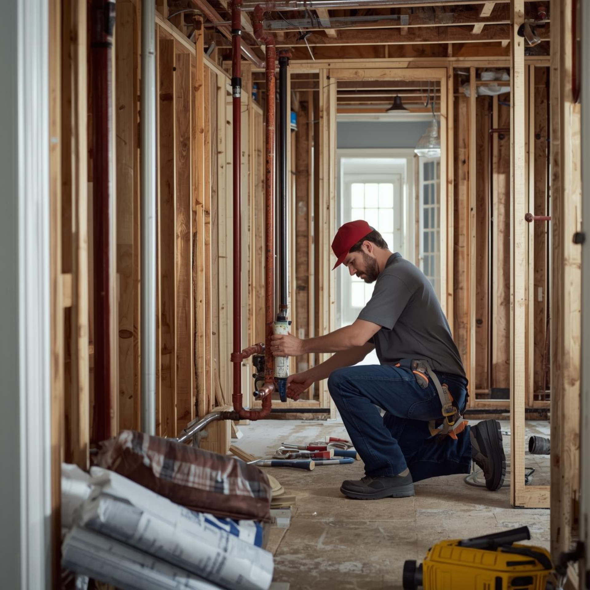 A plumber kneels inside a building under construction, working on pipes. He wears a red cap, jeans, and a tool belt.
