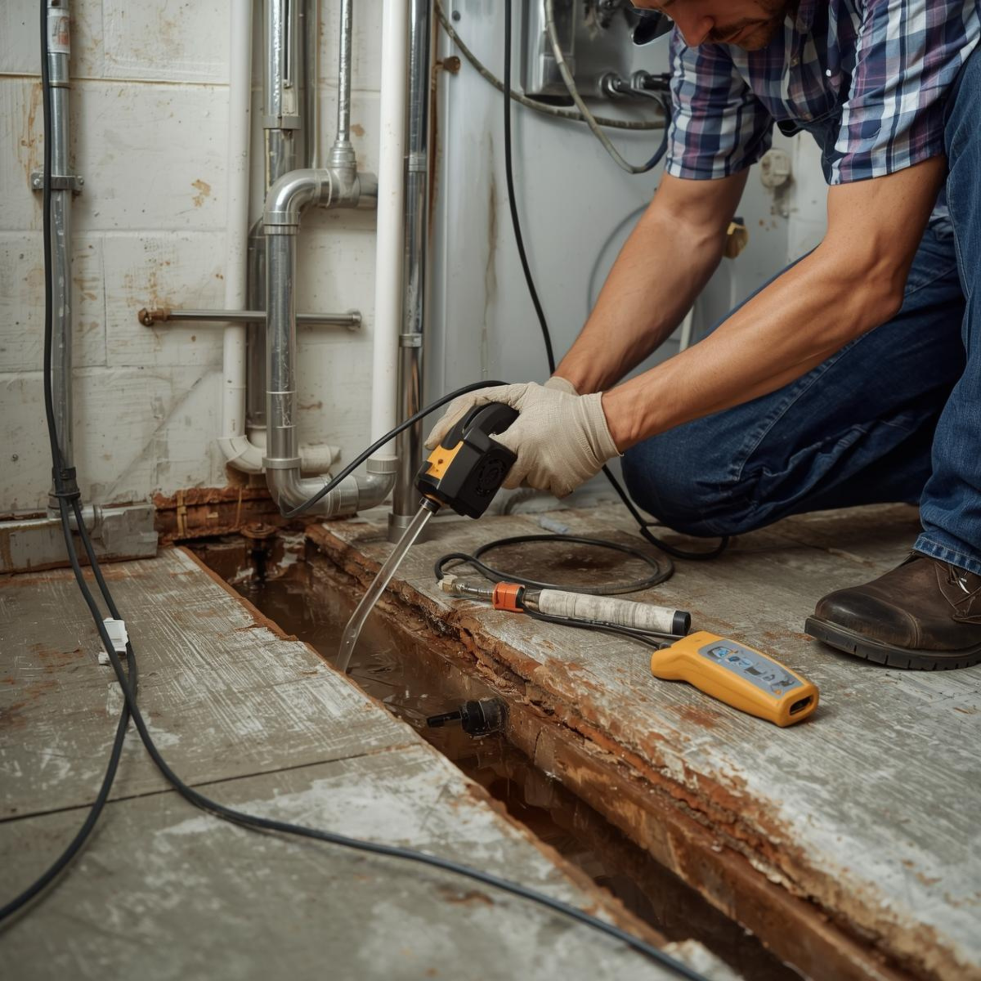 Man inspecting water damage on a floor with tools in a basement.