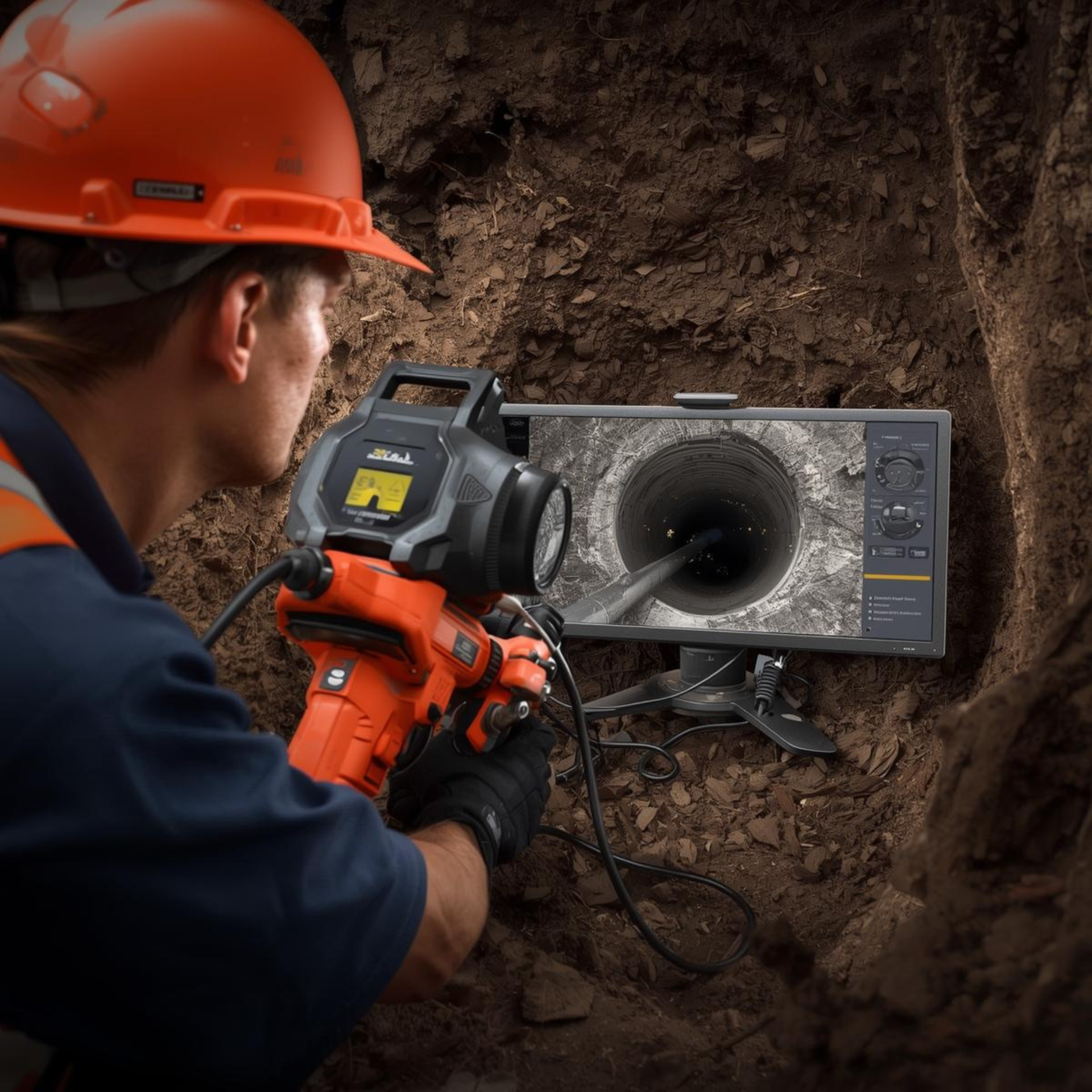 Worker using a bore inspection camera in a trench. Orange hard hat, camera pointed into hole, monitor shows inside.