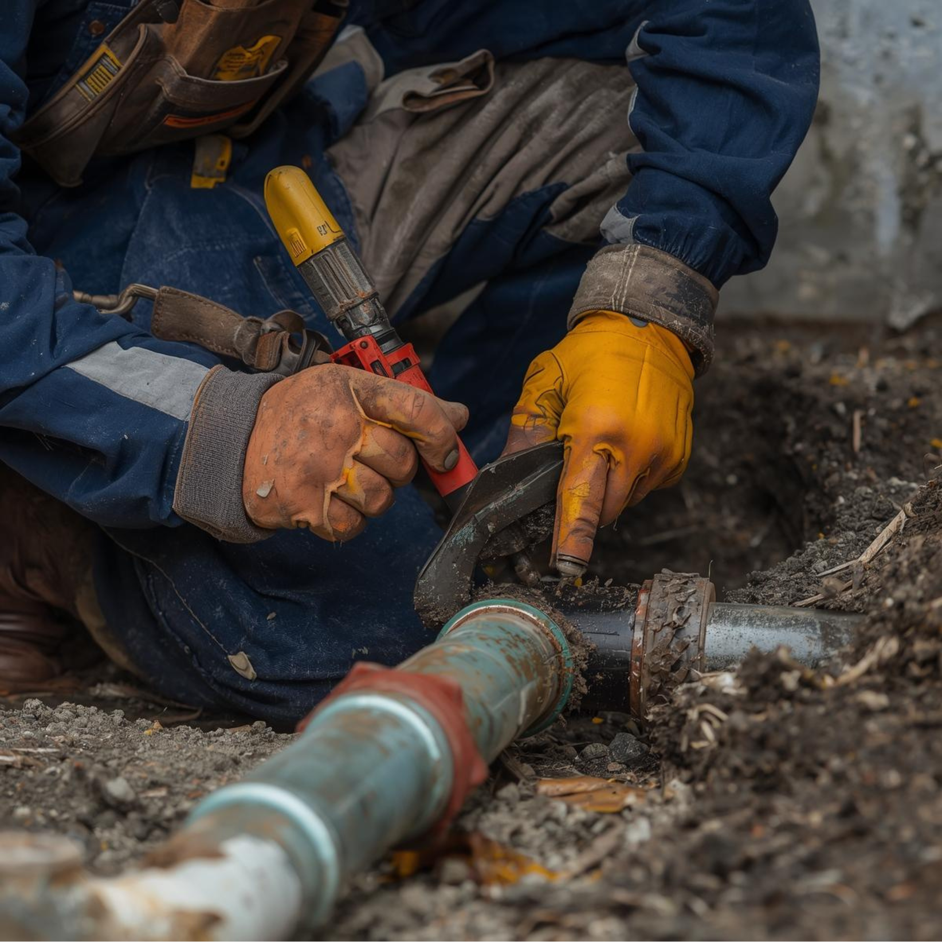 A person in blue coveralls and yellow gloves works on a rusty pipe outdoors, using tools.