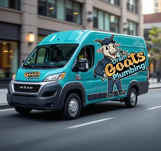 A teal van with the logo 
