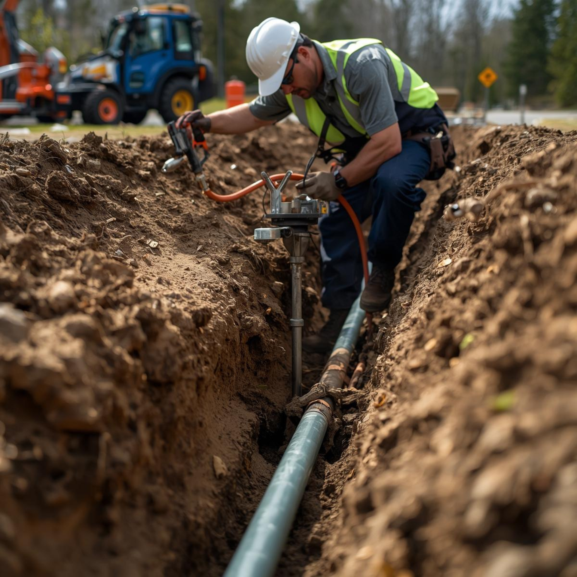 Construction worker in a trench repairing a gas line. Safety vest, hard hat, and machinery are visible.