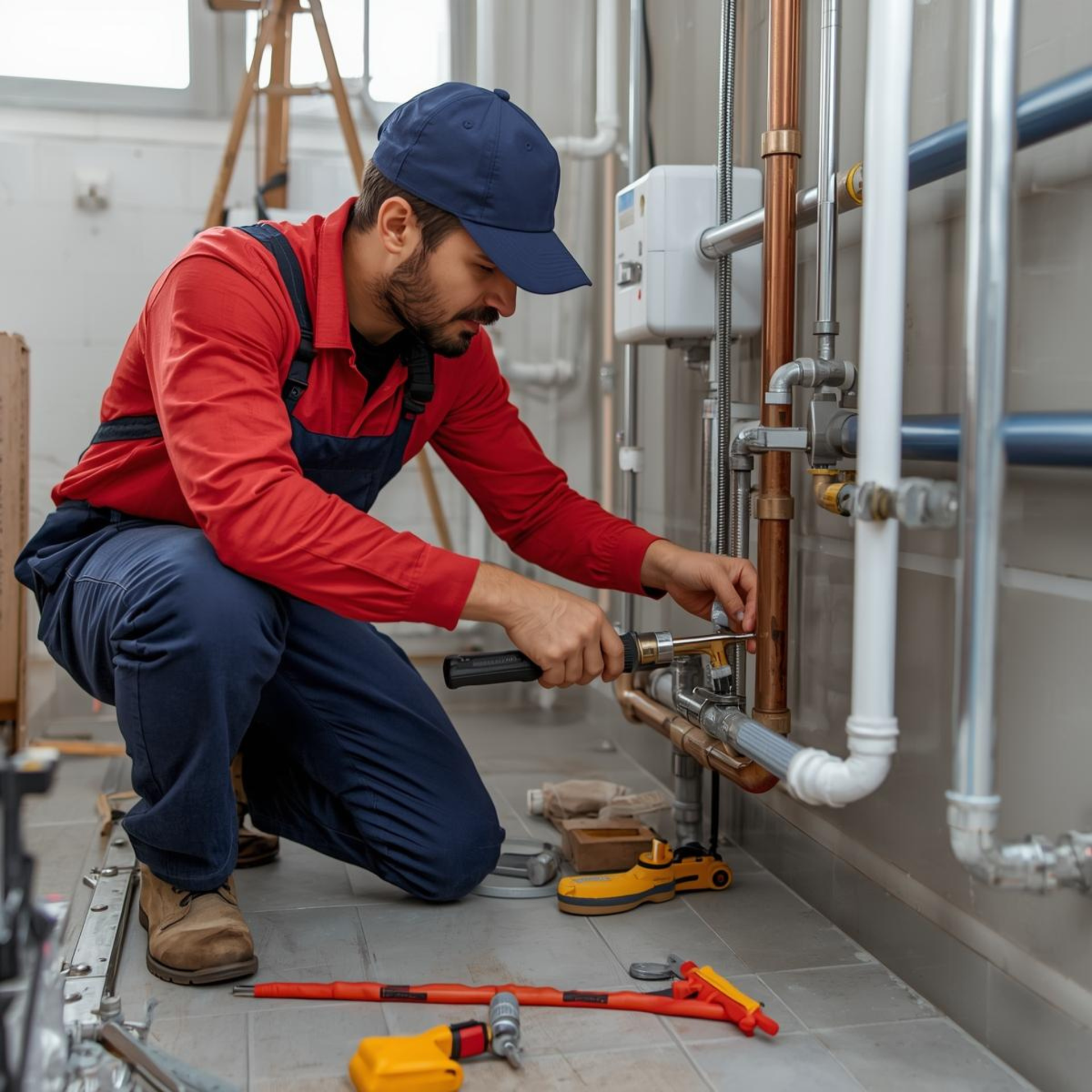 Plumber in blue overalls and cap working on pipes with tools. Indoor setting.
