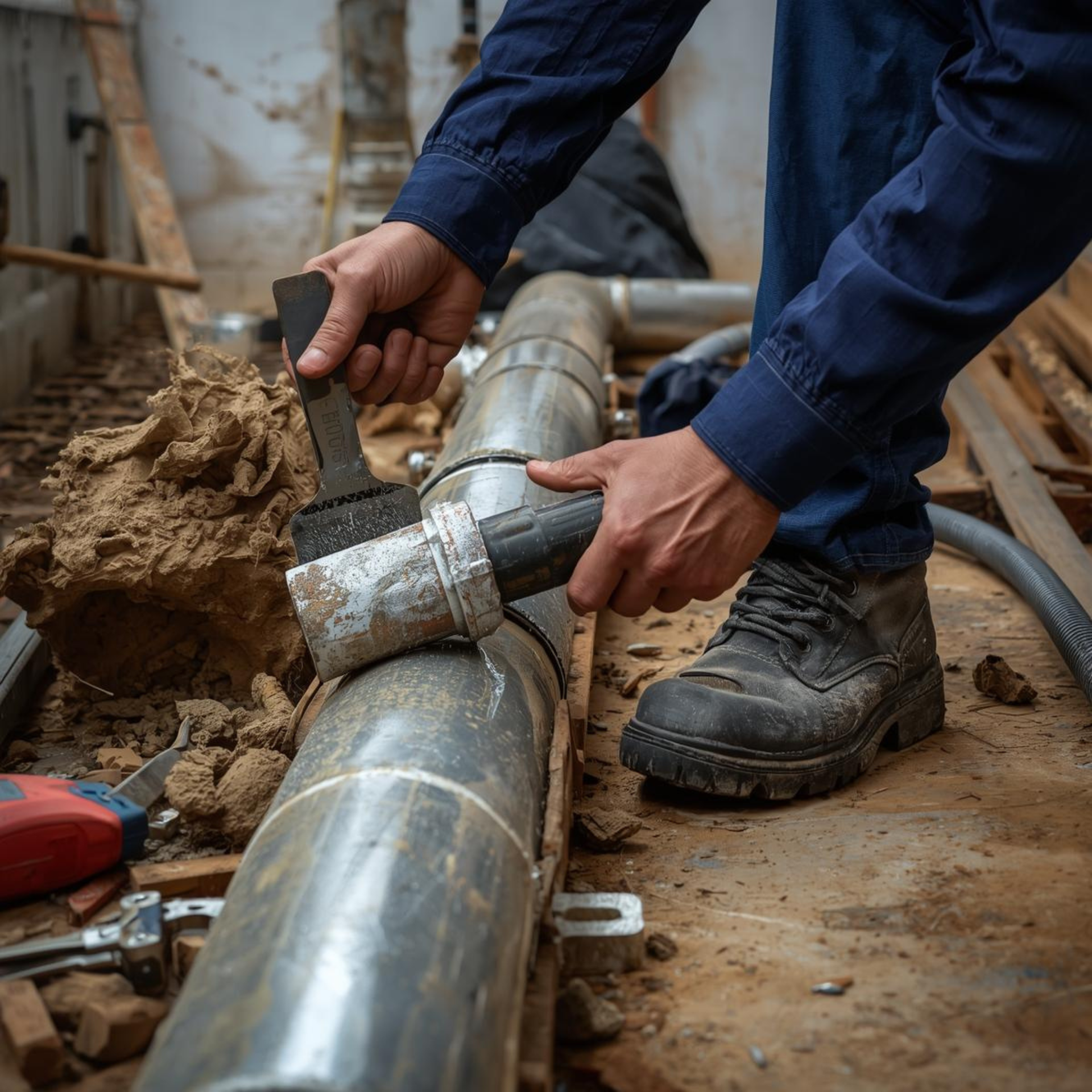 Person in blue work clothes using a tool on a metal pipe. Construction setting.