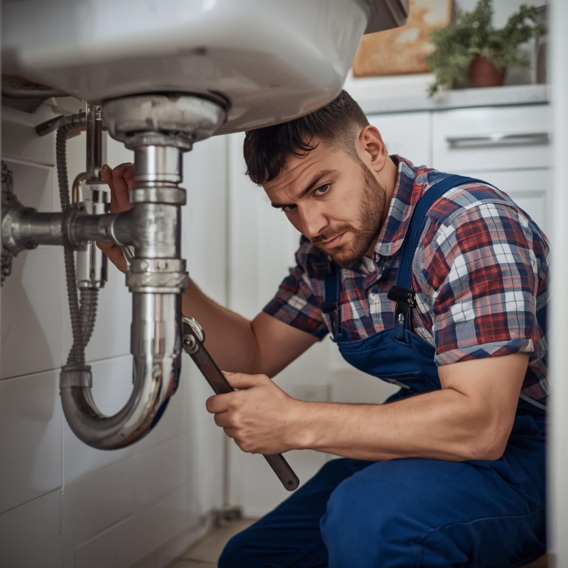 Plumber in blue overalls uses a wrench under a sink.