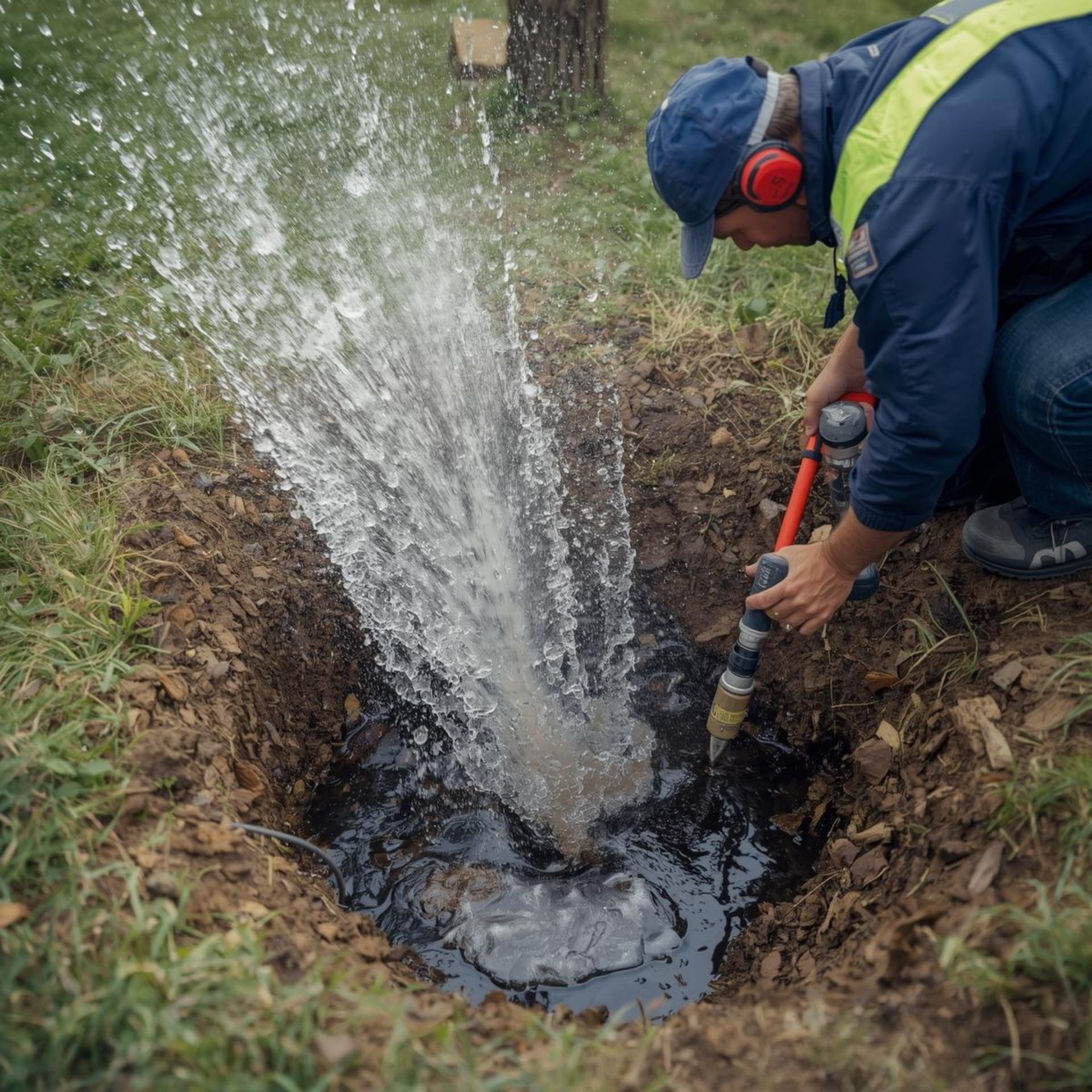 Man in blue jacket, hard hat, and earmuffs drills into the ground, causing water to gush out.