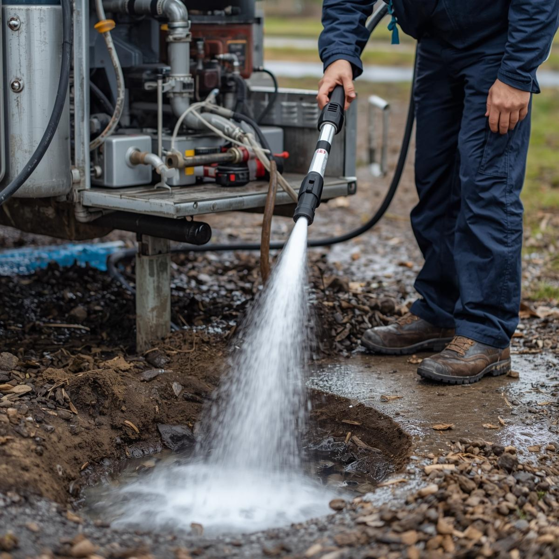 Person using a hose to spray water into a small hole near machinery outdoors.