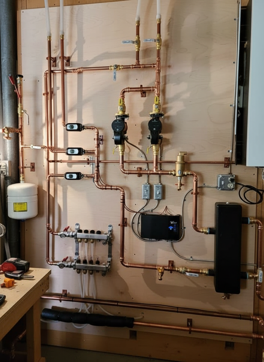 Copper pipes and valves of a hydronic heating system on a wooden wall.