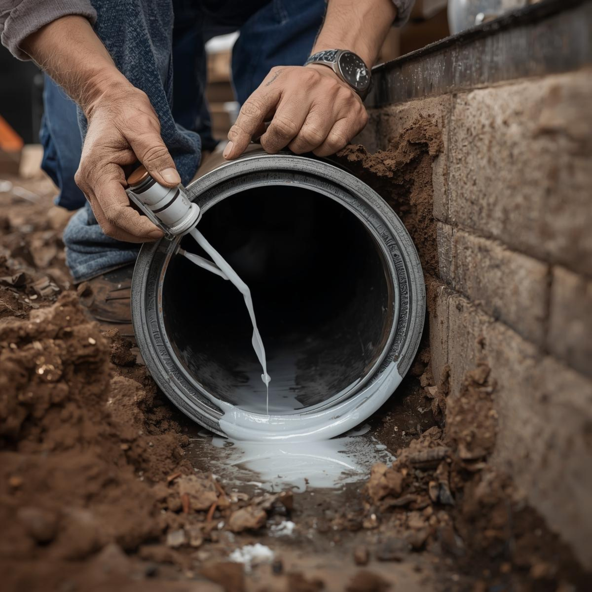 Person applying sealant to a pipe inside a hole in the ground.