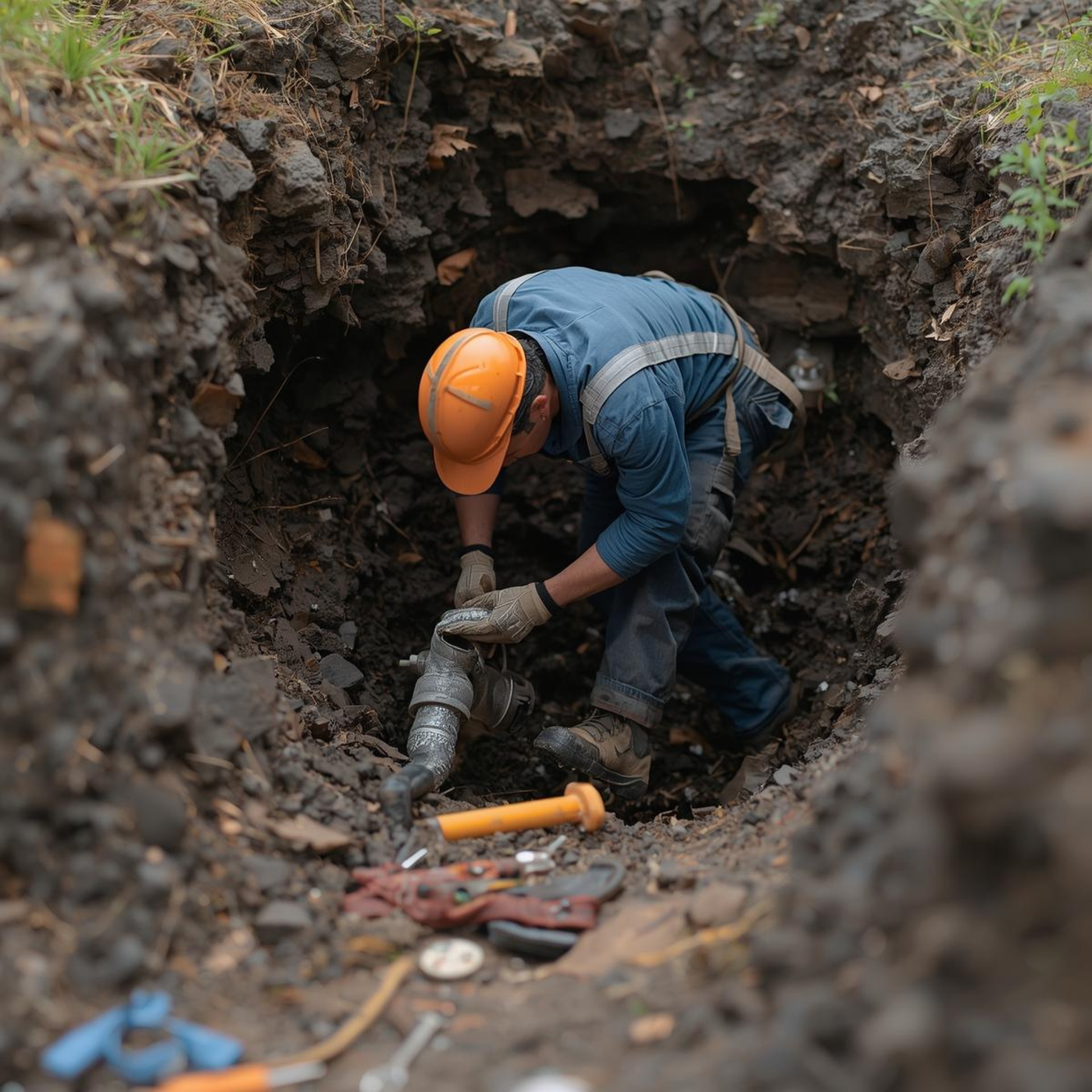A worker in orange hard hat and gloves repairs a pipe in a ditch, using tools.