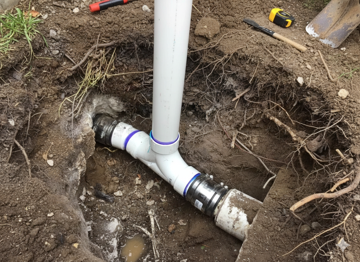 Plumbing pipes in a dirt hole, connected with fittings. White PVC pipe and tools on the edge of the hole.