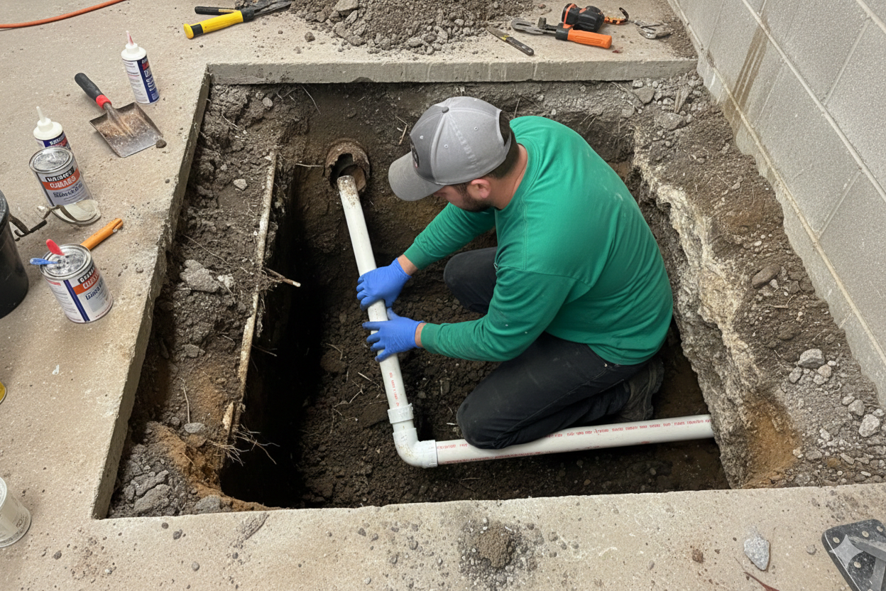 Man inspecting water damage on a floor with tools in a basement.
