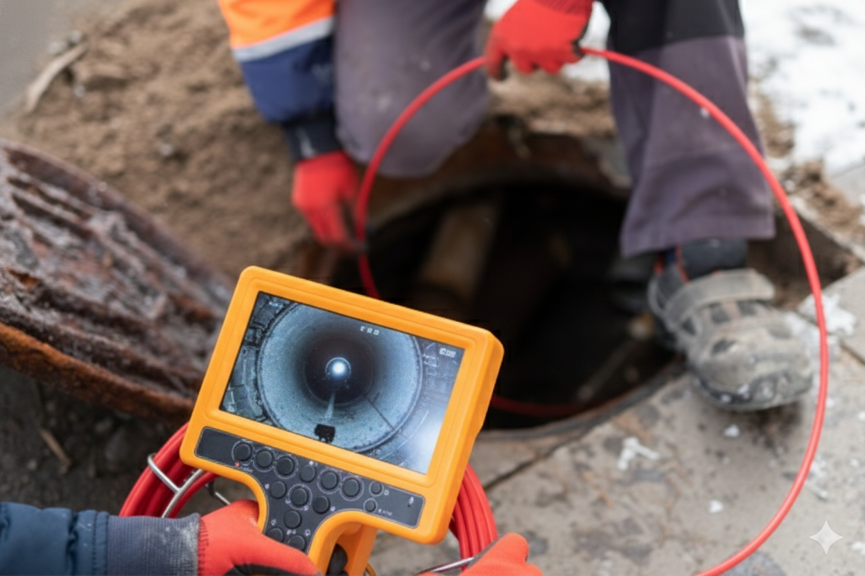Manhole inspection: A technician uses a camera to examine a sewer system. Camera screen shows the inside of the pipe.