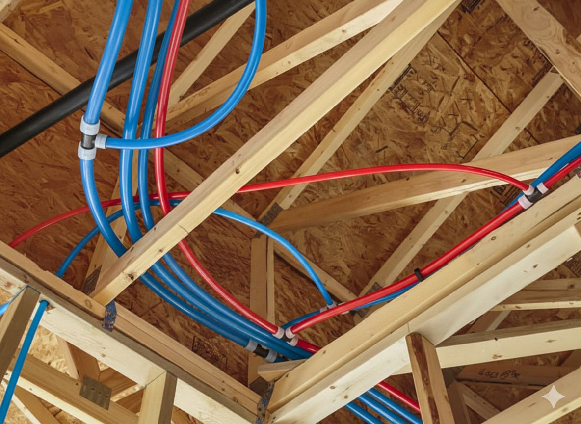 Blue and red PEX pipes snaking through unfinished wooden rafters of a building under construction.