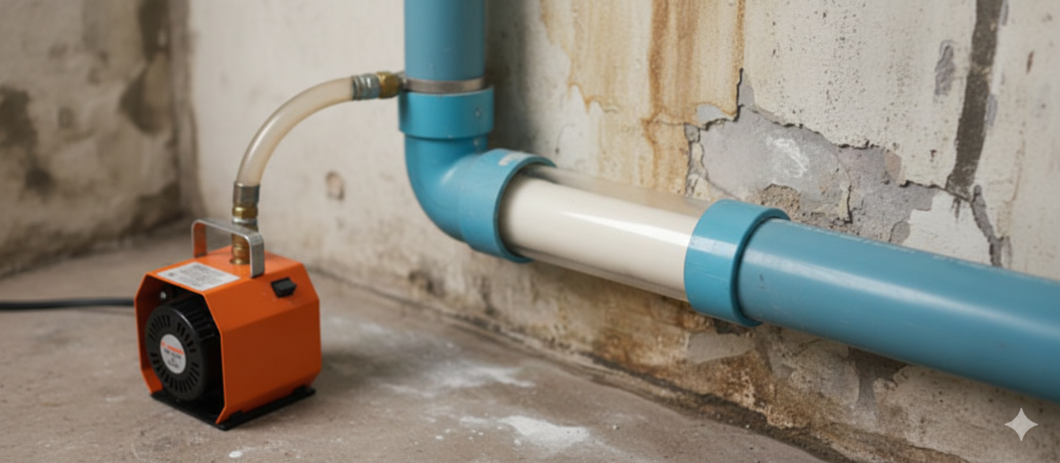 Orange pump connected to blue and white pipes near a weathered wall.