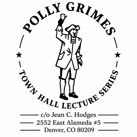 Polly Grimes Town Hall Lecture Series poster with figure holding a raised hat and event details below