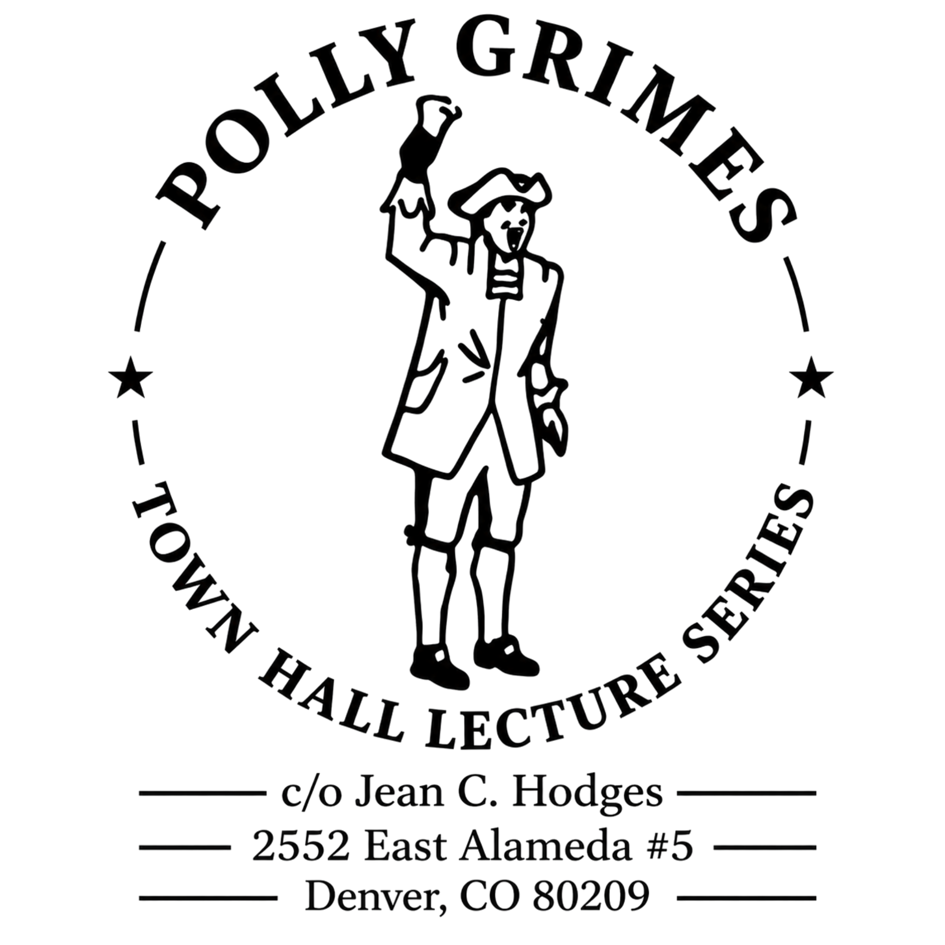 Polly Grimes Town Hall Lecture Series flyer with a black-and-white colonial figure illustration and event details