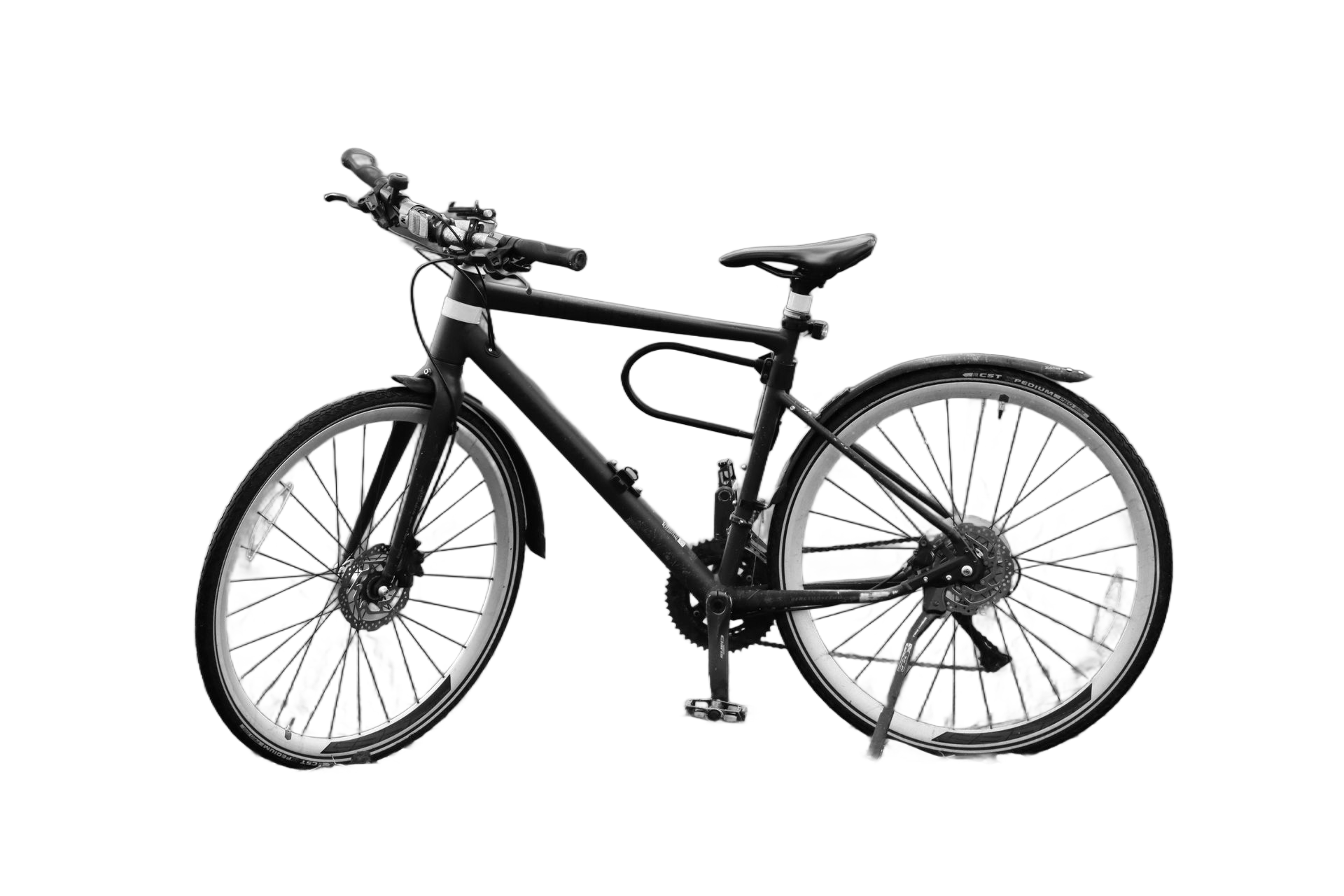 Black bicycle with fenders, kickstand, and disc brakes.