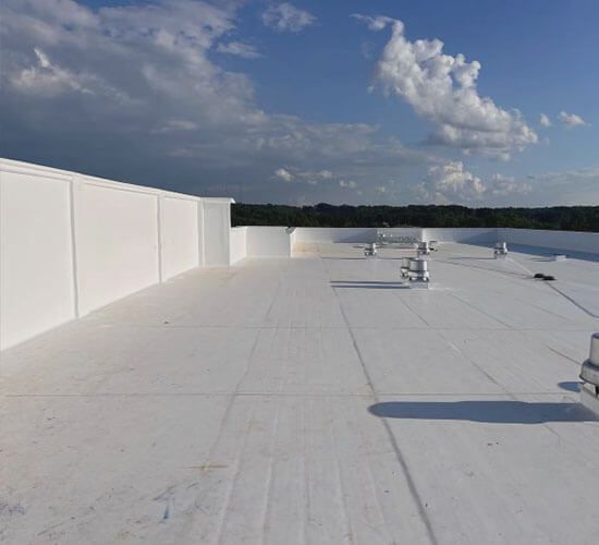 A gray shingled roof with a dormer and chimney, set against a backdrop of green trees.