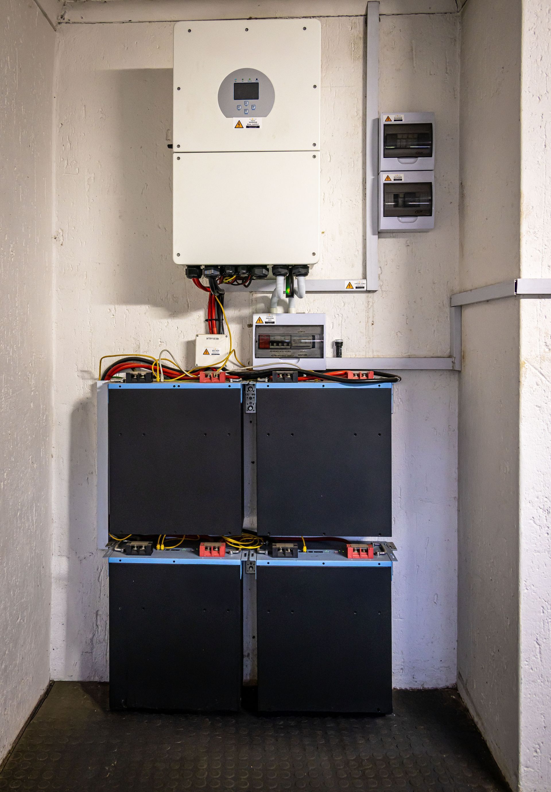 Utility equipment and battery bank installed in a small indoor electrical closet