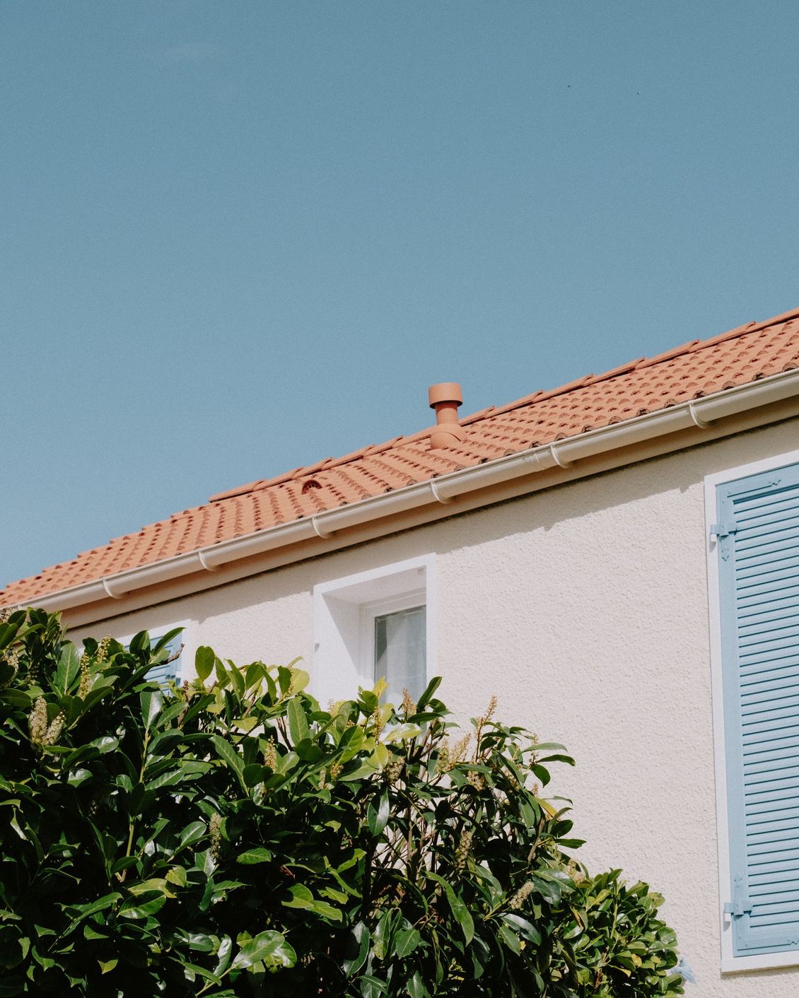 House roof with terracotta tiles, pale stucco wall, blue shutters, and leafy green bushes under a clear sky