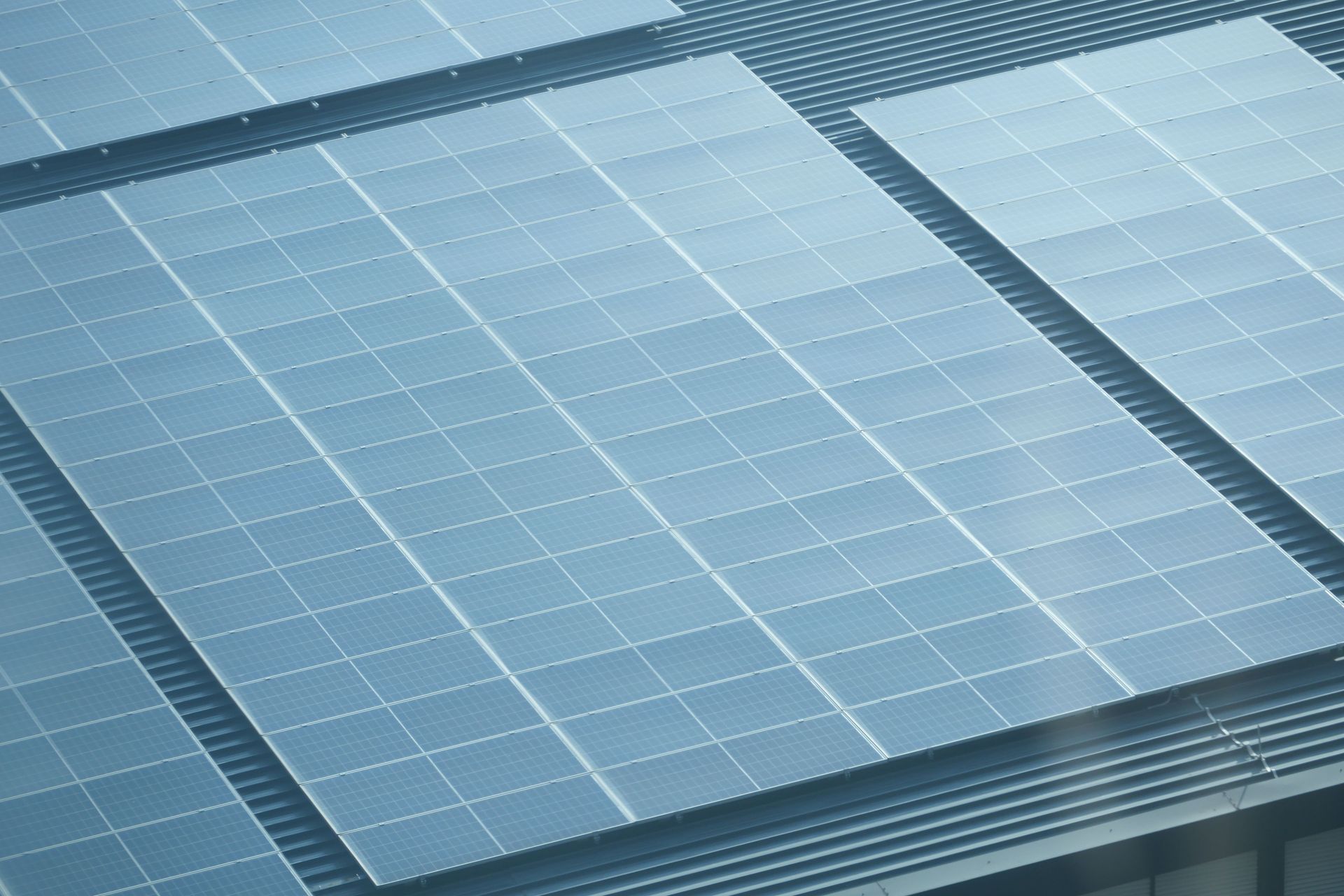 Rows of blue solar panels on a rooftop, angled in sunlight.
