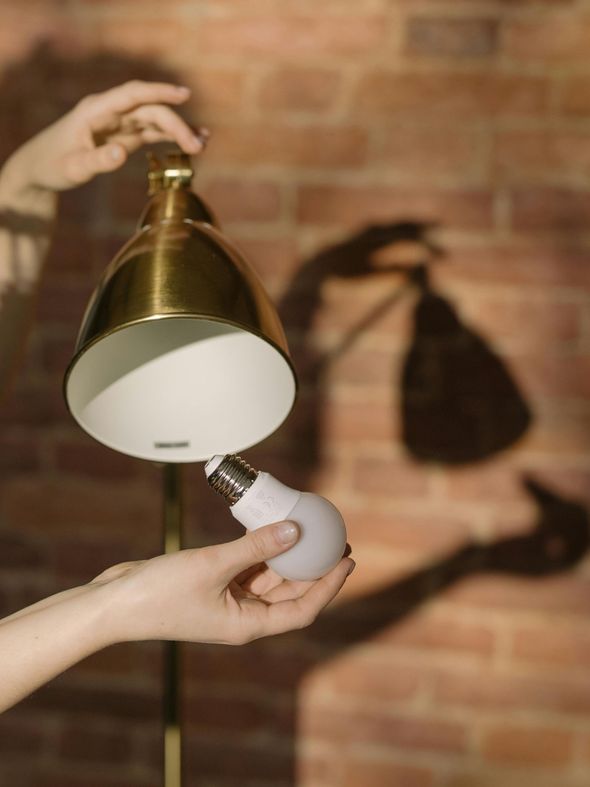 Hands changing a lightbulb in a brass lamp against a red brick wall, casting a shadow.