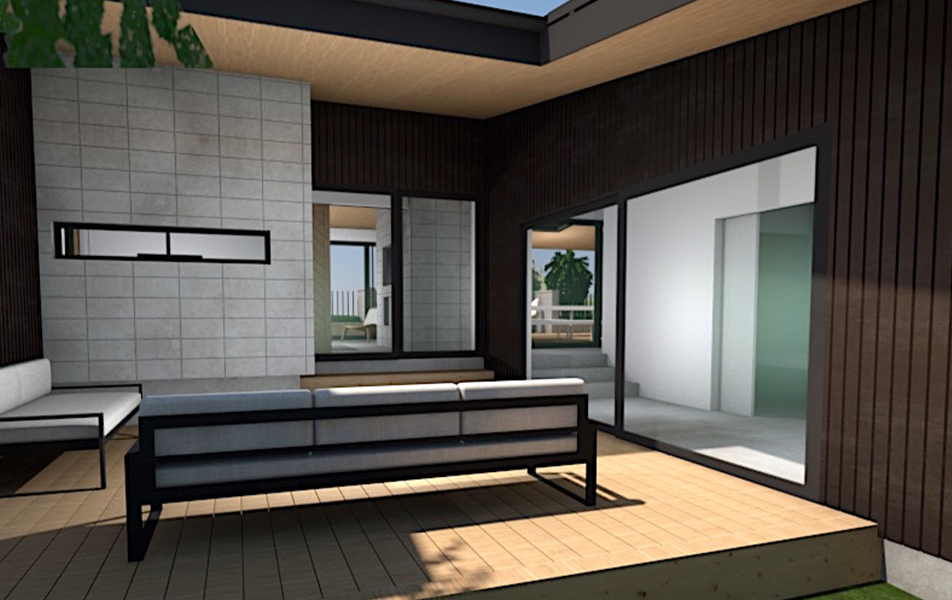 Outdoor living space with a sofa, patio, dark wood paneling, and a white tiled wall.