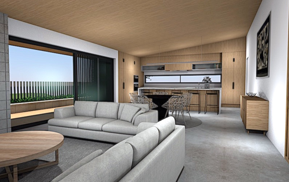 Modern living room with kitchen. Gray sofas, wooden cabinets, open to patio.