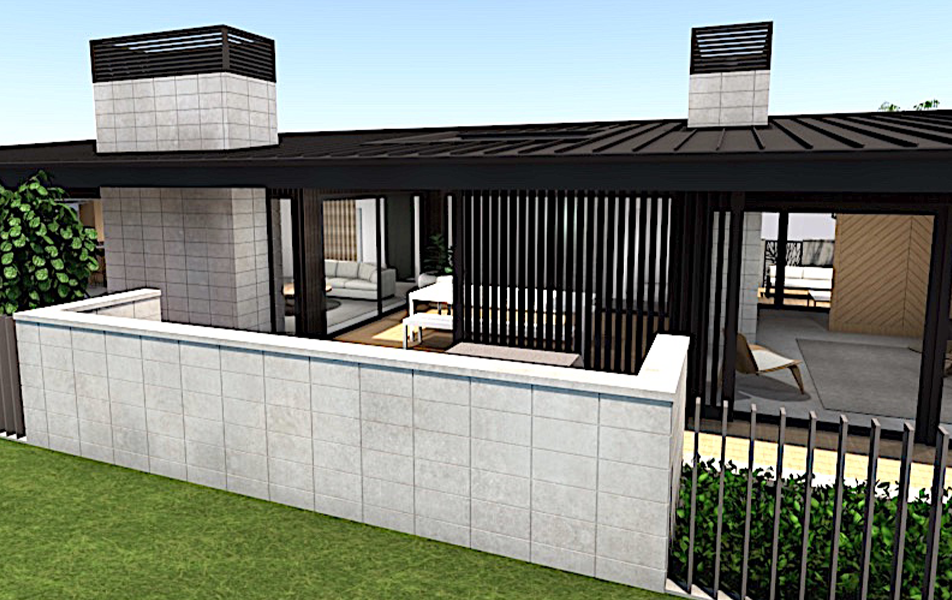 Modern home exterior with light stone walls, dark roof, and wooden screen.