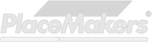 PlaceMakers logo, light gray text with a parallelogram shape above it, and a line below the text.