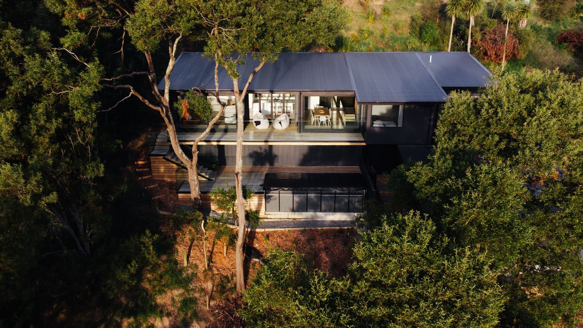 Modern house nestled in trees, with a dark roof and large glass windows.