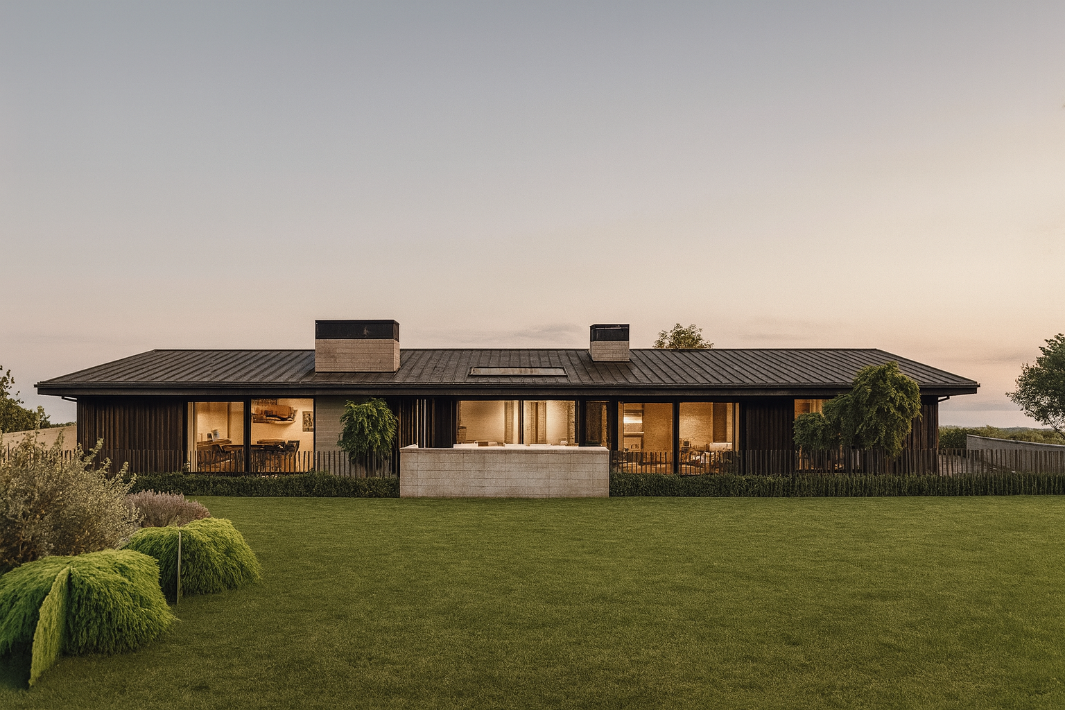 Three construction workers in hard hats discussing plans at a construction site, blue shirts.