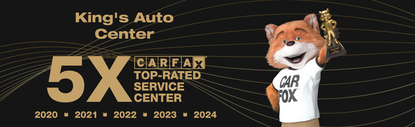 King's Auto Center ad. Carfax fox mascot with trophy, gold and black background, Top Rated Service Center.