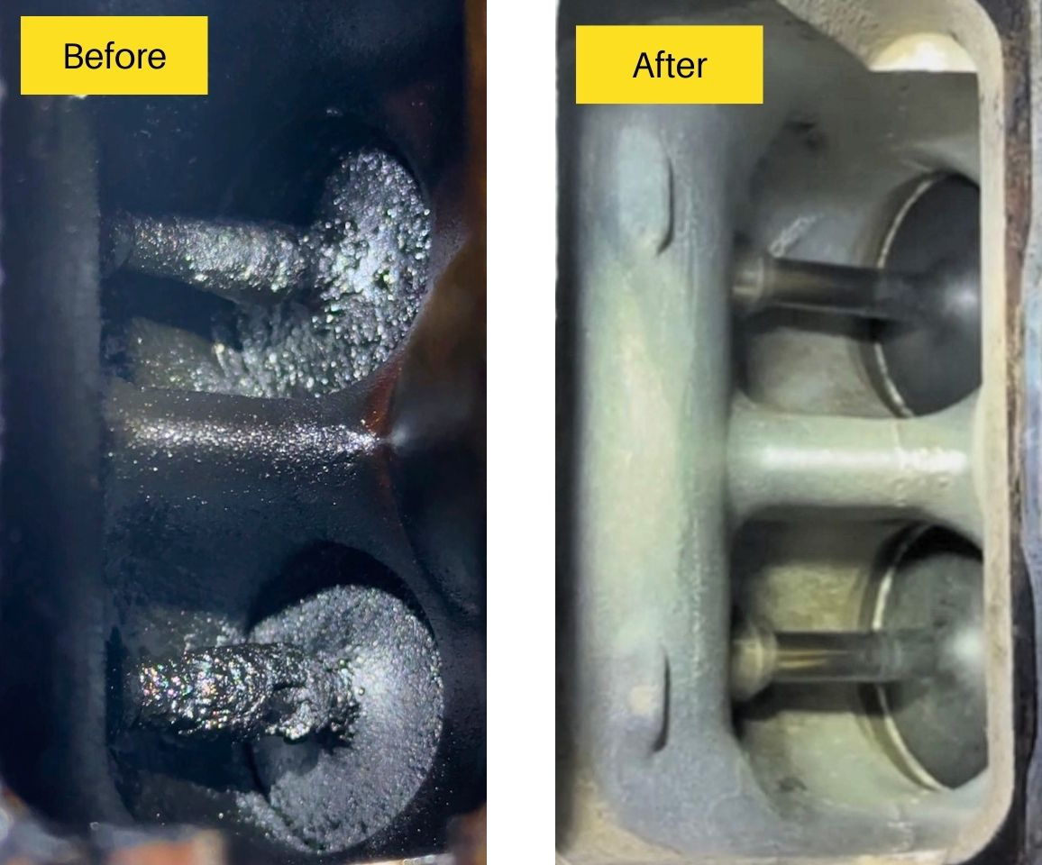 Comparison of an engine cylinder head before and after cleaning. The 'before' side shows carbon buildup, the 'after' side shows a clean chamber. | King's Auto Center