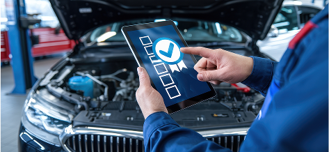 A mechanic uses a tablet displaying a 