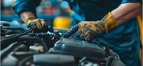 Mechanic in blue uniform and gloves working on a car engine. | King's Auto Care Center