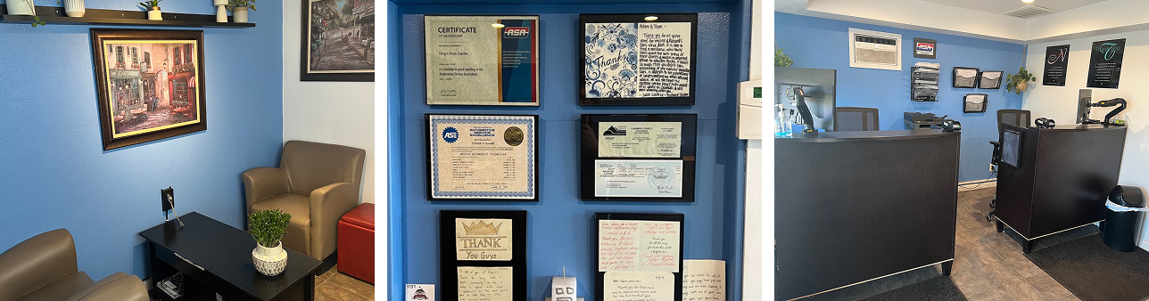 Three interior shots of a business with blue walls, framed art, and waiting areas. One area shows a display of certificates. | King's Auto Center