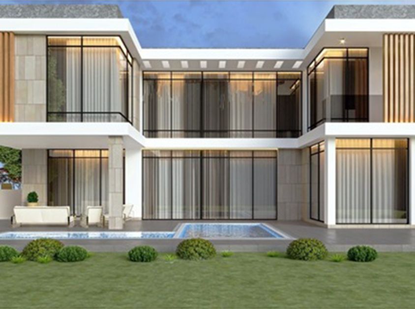 A modern house with a swimming pool in the backyard.