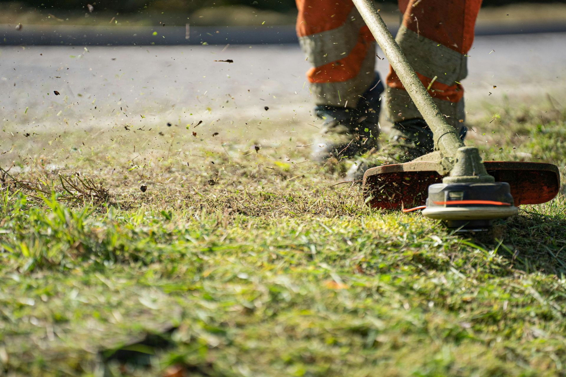 Worker using a string trimmer to cut grass along a roadside, with clippings flying