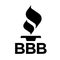 Black BBB logo with a stylized flame over a pedestal on a white background