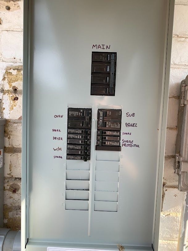 Electrical breaker panel with labeled main and subpanels inside a wall recess.