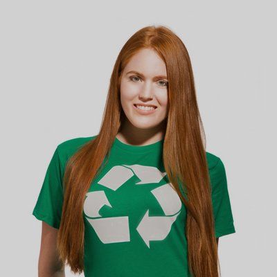 a lady wearing tshirt with recycle logo
