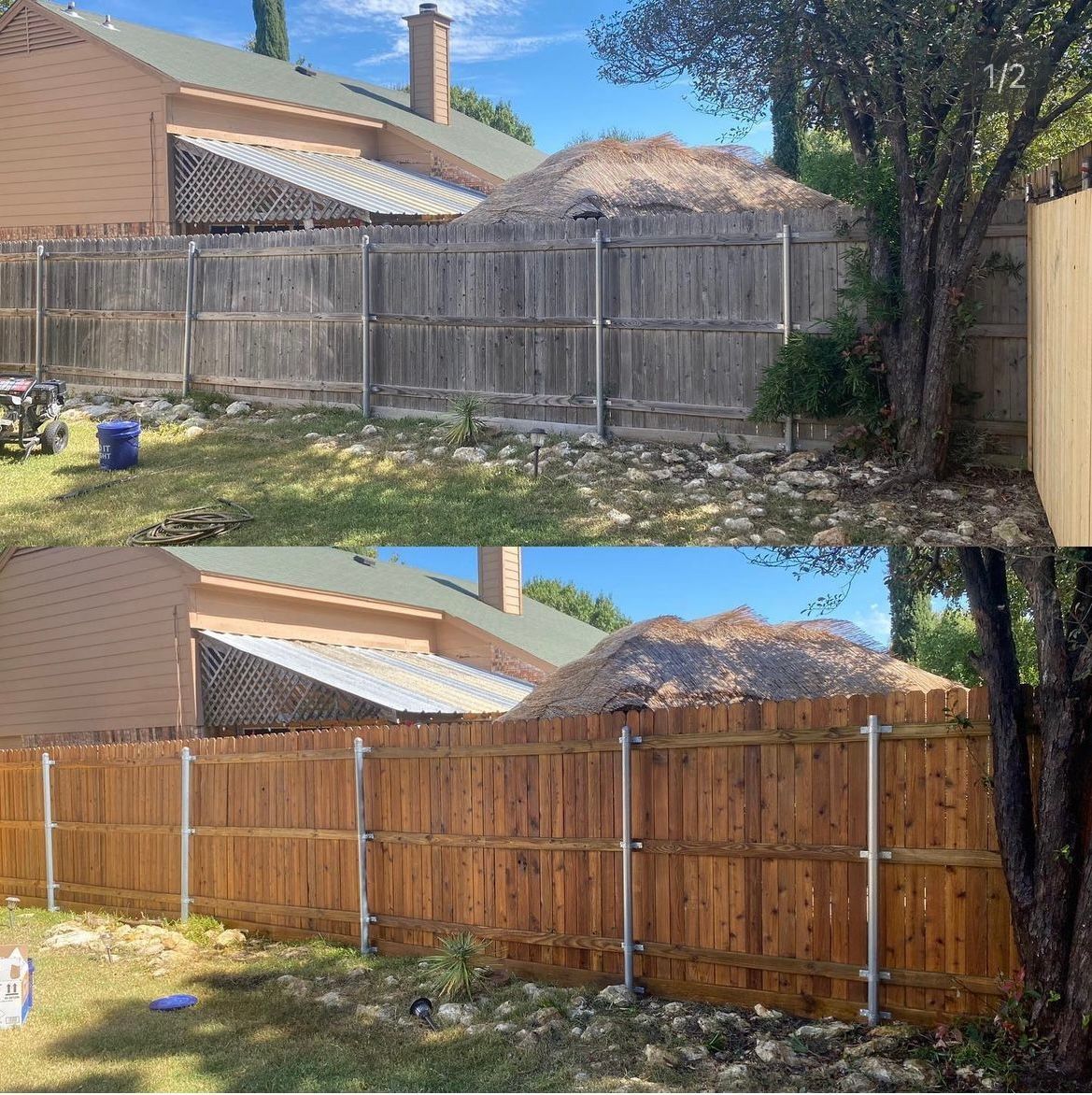 A before and after picture of a wooden fence in front of a house.