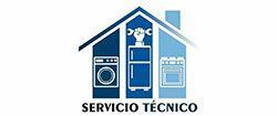 Un logotipo para una empresa de servicios técnicos con una casa y electrodomésticos.