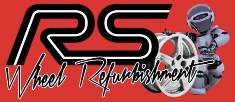 a logo for rs wheel refinishment on a red background